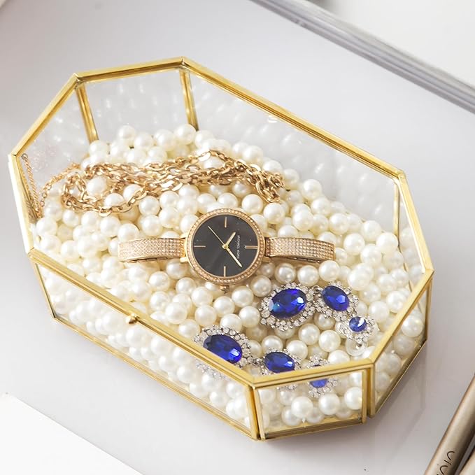 Glass Keepsake Organizer - Vintage Octagon Lidded Gold Home Decor Accent Box for Storage Rings, Bracelets