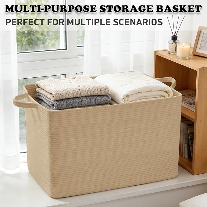 Large Blanket Basket,Woven Rope Basket Storage Bin with Handles,65L Rectangle Laundry Basket for Magazines,Toys,Clothes,Newspaper Shelf Organization,Nursery and Living Room,Jute