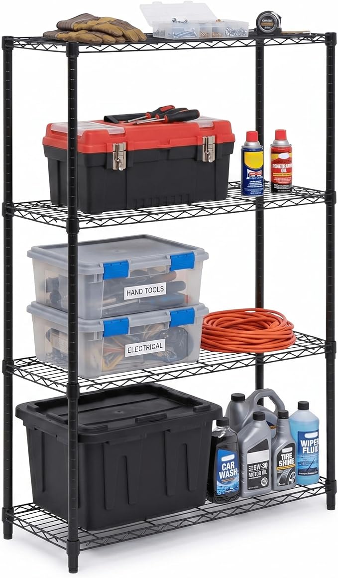 Honey-Can-Do 4-Tier Heavy Duty Adjustable Shelving Unit, 250-lb Per Shelf Metal Storage Rack, Wire Shelf for Garage Kitchen Office Pantry, Black, 36 x 14 x 54 in