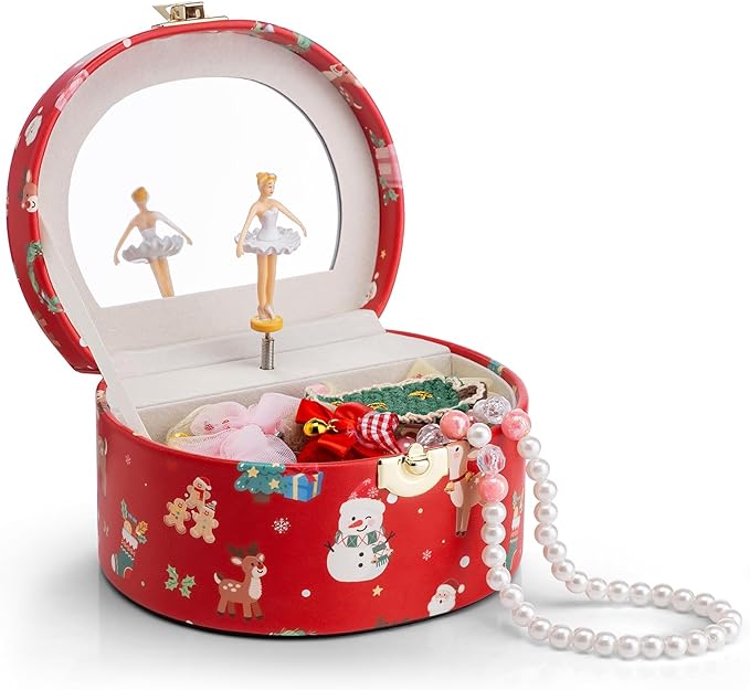 Vlando Christmas Gifts for Girl, Musical Jewelry Box for Girls, Small Kid Music Box with Ballerina for Party Bedroom Decor, Gifts for Girls Kids - Christmas Red