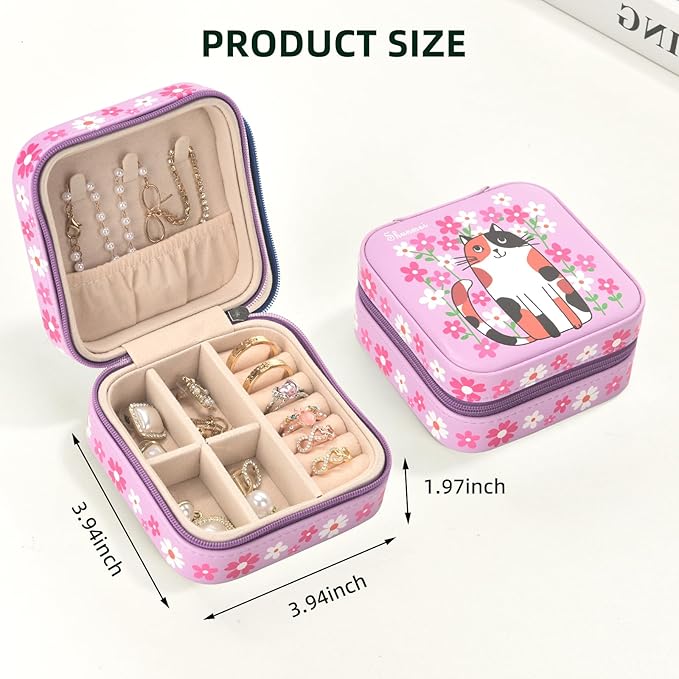 shunmei Mini Travel Jewelry Box,PU Leather Portable Jewelry Organizer Case,Art Accessories Storage Holder Boxes for Earring, Necklace, Rings, Bracelets (Pink Cat)