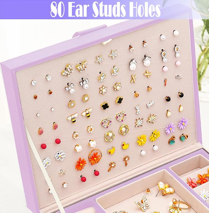 Earrings Jewelry Box for Girls, Large Capacity Jewelry Organizer with 40-Pair Earring Board, 2-Layer Leather Jewelry Storage Box for Necklaces Rings Bracelets with Removable Tray, LightPurple