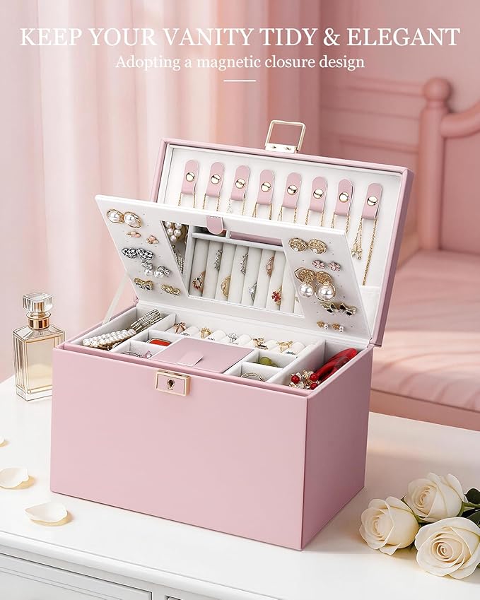 DesignSter Jewelry Box for Women Girl, 3-layer Lockable Jewelry Organizer with Mirror, Large Leather Jewelry Case for Earring Necklace Ring Bracelet Watch