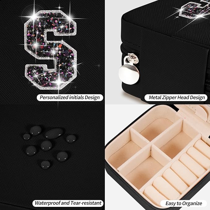 Uygafly Travel Jewelry Case - Personalized Jewelry Box for Women,Small Jewelry Organizer Cute Jewelry Organizers and Storage Aesthetic,Travel Essentials Birthday Gifts for Girls Women | Black,S
