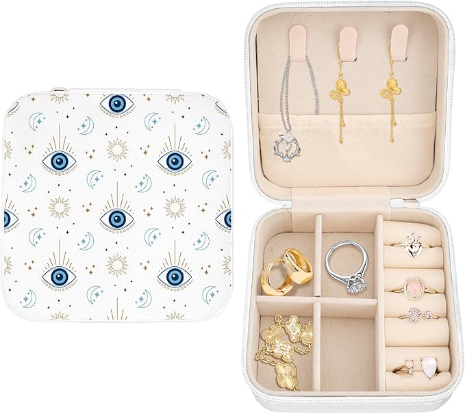 Jewelry Box for Girls Portable Travel Jewelry Organizer Case Jewellery Organizer for Women Jewellery Box for Earring Ring Pendant Necklace Bracelets Christmas Birthday Wedding Gift Evil Eye
