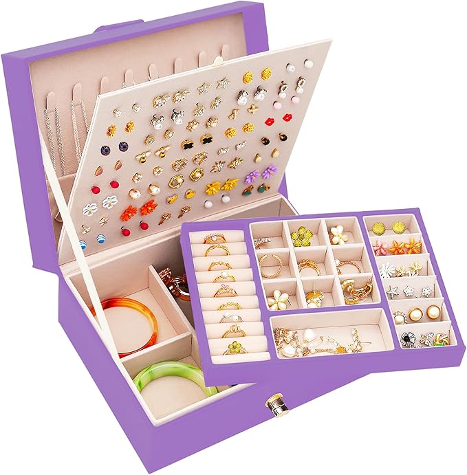 Earrings Jewelry Box for Girls, Large Capacity Jewelry Organizer with 40-Pair Earring Board, 2-Layer Leather Jewelry Storage Box for Necklaces Rings Bracelets with Removable Tray(Gift Idea),Purple