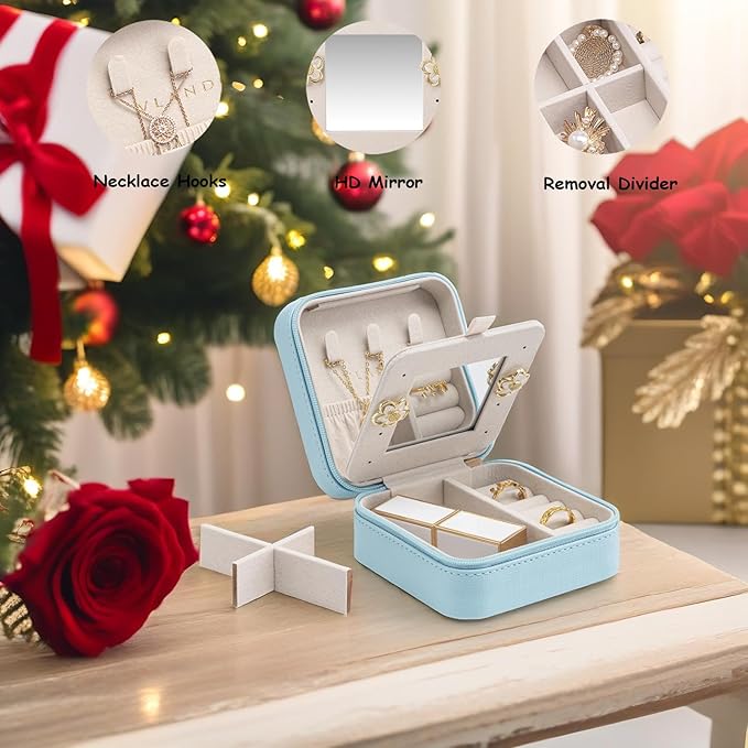 Vlando Small Travel Jewelry Box Organizer - Mirrored Jewelries Necklaces Rings Earrings Necklace Storage Case, Baby Blue