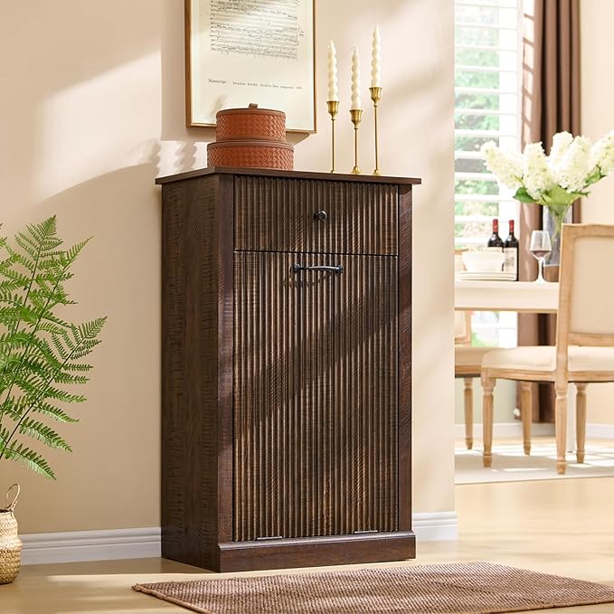 IFBUY Modern Tilt Out Laundry Hamper Cabinet, 10 Gallon Fluted Trash Can Cabinet with Drawer, Wooden Hidden Garbage Can Cabinets with Laundry Basket, Free Standing for Bathroom and Kitchen, Brown