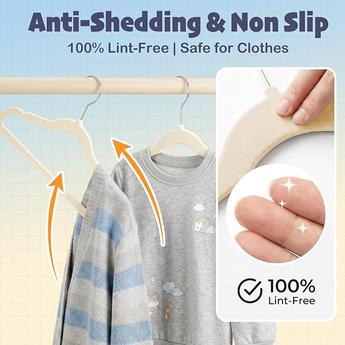 HOUSE DAY 14 Inch Kids Velvet Hangers 50 Pack, Durable Big Kid Hangers for Youth, Non Slip Kids Felt Hanger, Cute Childrens Hanger for Closet, Beige