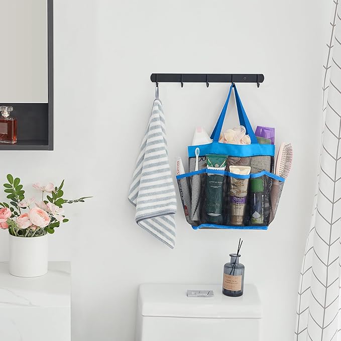 Lifewit Mesh Shower Caddy Portable for College Dorm Room Essentials with 7 Pockets, Freestanding Hanging Organizer Basket, Quick Dry Tote Bag for Camping, Bathroom, Beach, Travel, 1 Pack, Blue