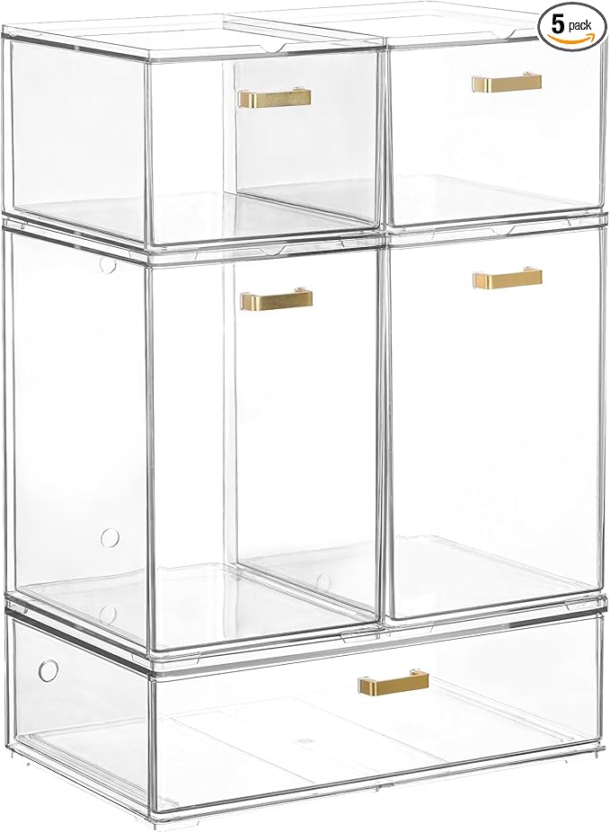 LALOBLUE Set of 5 Stackable Storage Drawers, Clear Acrylic Organizer Bins for Beauty Supplies, Perfect for Makeup Vanity, Undersink, Kitchen, Cabinet,Pantry Organization and Storage