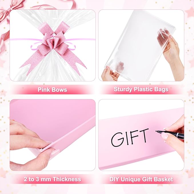 AFOROEOA 10PACK Pink Baskets For Gifts Empty, 10x12” Thick Gift Basket with 10 Bows 10 Bags Empty Gift Baskets for Christmas, Valentine’s Day, Easter, Birthdays, Valentine’s Day Wrapping Gift