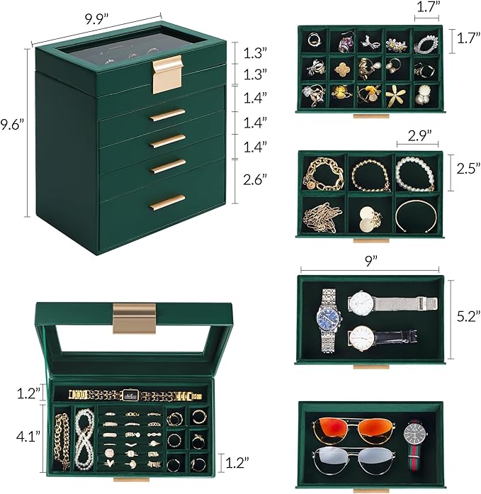 Somduy Jewelry Box, 5 Layers Jewelry Storage Display Box with Glass Lid for Women, 4 Drawers,Large Capacity for Necklace Earrings Bracelets Rings, Green