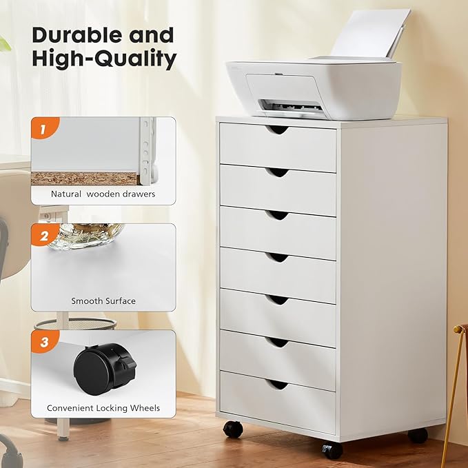 7 Drawer Mobile File Cabinet Under Desk Storage Organization with Wheels Vertical Filing Chest Rolling Wood Small Desk Printer Stand for Home Office, White