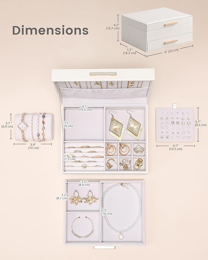 Lolalet 2-Layer Jewelry Box Organizer for Women Girls, Jewelry Storage Case Holder with Drawers for Necklaces Ring Earrings Bracelet Watch, Gifts Choice for Mom Mother’s Day -Beige