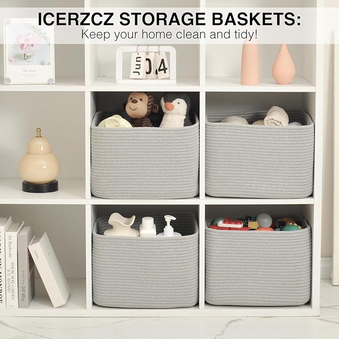 ICERZCZ Storage Baskets for Organizing & Shelves, Woven Cotton Rope Organization Bins for Dog Toys, Clothes, Books, Nursery Organizer, 15" Lx11 Wx9.5 H, (4 Packs) Grey