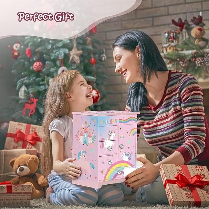 Large Jewelry Box for Girls 5-Layer Music Box with Spinning Ballerina Unicorn Necklace & Bracelet Set Kids Jewelry Organizer Birthday Christmas Gift for 5-8 Year Old Girls(Pink&Blue)