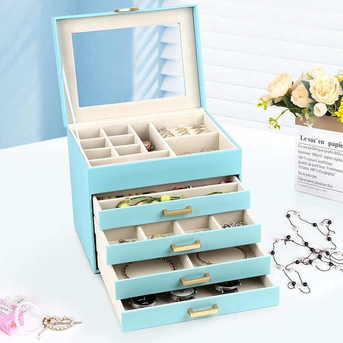 Kendal Jewelry Box, 5-Layer Jewelry Organizer Box with Glass Lid, Blue, Heart Shaped PU Leather, Storage Box for Necklace Earrings Rings Bracelets, Gift Idea for Girls LJC4DRBL
