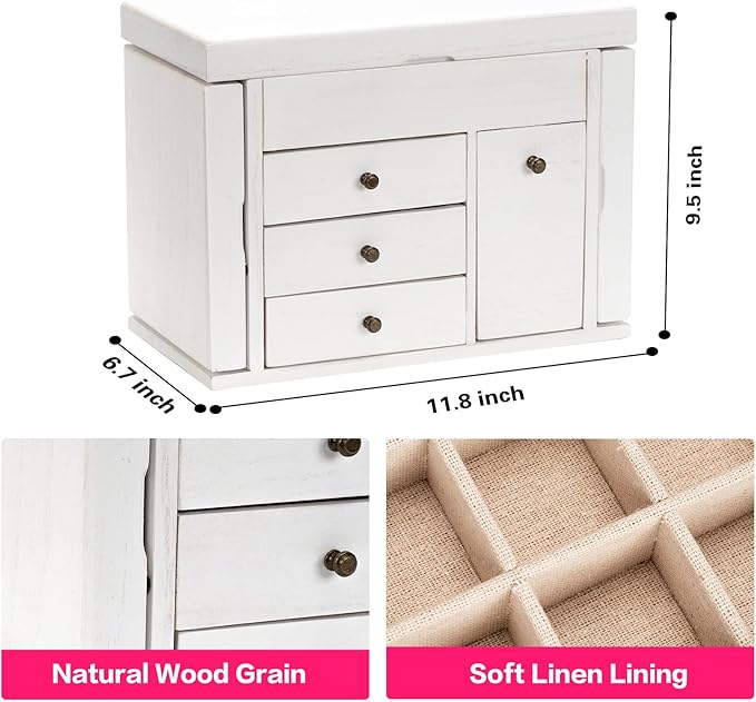 Poyilooo Jewelry Box Organizer, Solid Wood Jewelry Boxes for Women for Storage & Display Necklace Ring Earring Bracelet, Rustic Style Jewelry Organizer Box for Women Gifts (Weathered White)