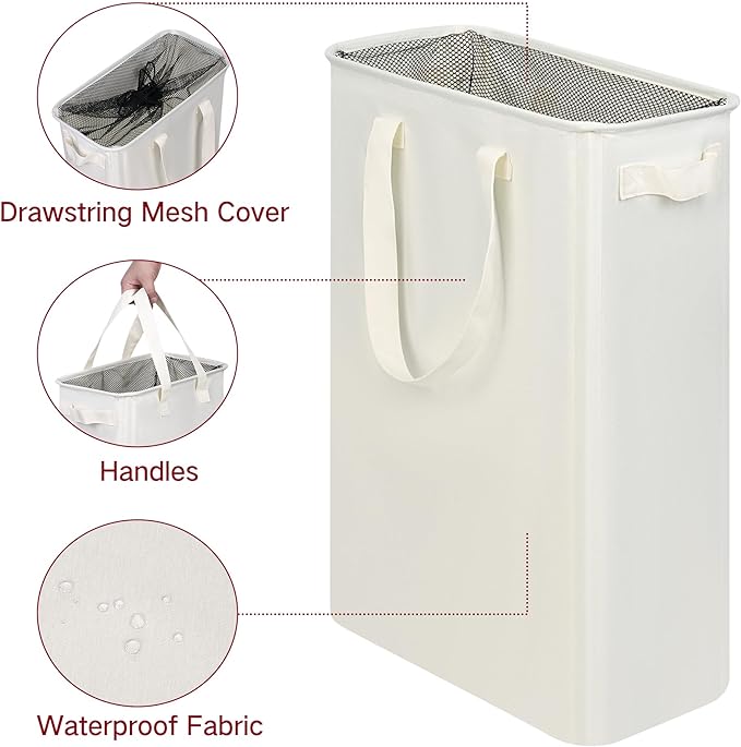 efluky Slim Laundry Basket, Narrow Laundry Hamper with Handles, Collapsible Dirty Clothes Hamper, Tall Laundry Bin for Laundry Room, Dorm and Bedroom, 12.7 Gallons(48L) Beige (Pack of 2)