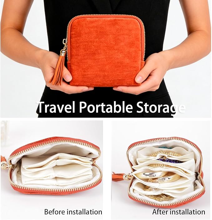 ASINGYER Travel Jewelry Storage Bag for Women, Velvet Portable Jewelry Organizer with Tassel Zipper, Small Pouches for Bracelets Necklaces Rings Earrings, Wedding Gift for Women (orange)