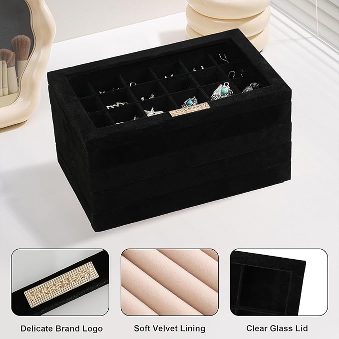 Frebeauty Earring Holder Stackable Jewelry Trays,Velvet Drawer Jewelry Organizer with Glass Lid, 5 in 1 Jewelry Box for Earrings Rings Studs,10.5 x 6.5 x 5.55 Inches Gift for Women (Black)