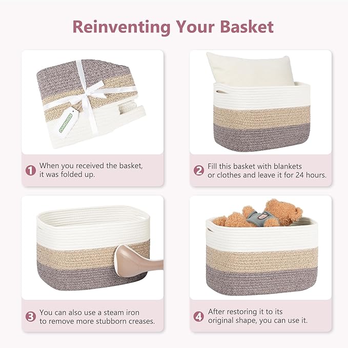ECDYQXVU Cotton Rope Basket, Storage Baskets with Handle, 15x10x9 Inch Woven Basket for Shelves, Laundry, Towels, Clothes, Books (White/Pink 1Pack)
