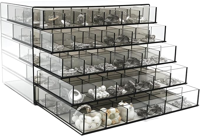 Clear Grey Acrylic Jewelry Storage Box, Earring Jewelry Organizer with 5 Drawers, 5-Layer Jewelry Box for Women, Earring Display Holder for Earrings Ring Bracelet Necklace, 120 Grid Storage Box