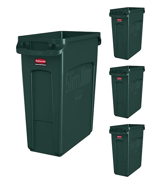 Rubbermaid Commercial Products Slim Jim Trash/Garbage Can with Venting Channels, 16-Gallon, Green, for Kitchen/Office/Workspace, Pack of 4