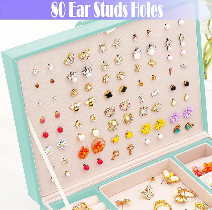 Earrings Jewelry Box for Girls, Large Capacity Jewelry Organizer with 40-Pair Earring Board, 2-Layer Leather Jewelry Storage Box for Necklaces Rings Bracelets with Removable Tray(Gift Idea),Turqueoise