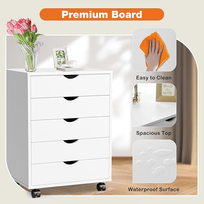 5 Drawer Mobile File Cabinet Under Desk Storage Organization with Wheels Vertical Filing Chest Rolling Wood Small Desk Printer Stand for Home Office, White