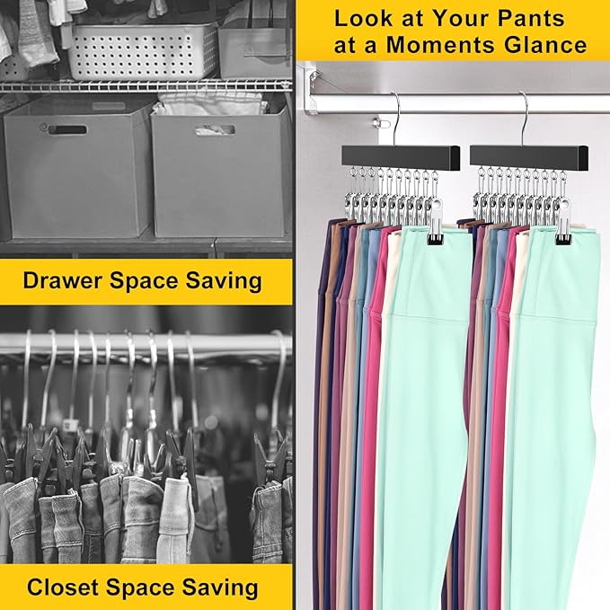 Legging Organizer for Closet, Pants Hangers with Clips Holds 20 Leggings, Jeans, Hats, Shorts, Socks, 360° Rotating Space Saving Hanging Clothes Organizer for Closet Storage 2Pcs