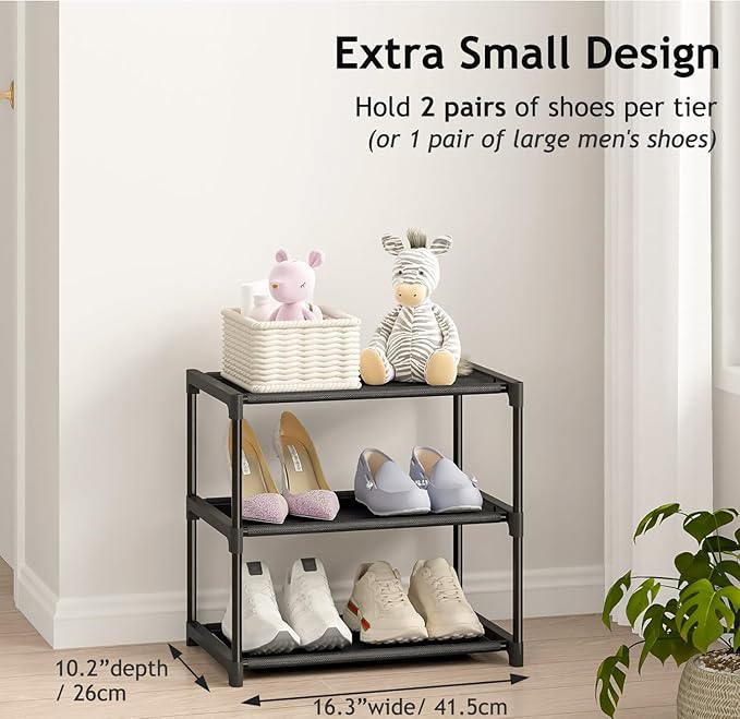 Autonomier 3 Tier Extra Small Shoe Rack (16.3" Wide), Narrow Stackable Shoe Shelf for Kids Toddler Adult, Ultra-Lightweight Shoe Rack Stand for Closet Dorm Bedroom Storage Organizer, Entryway