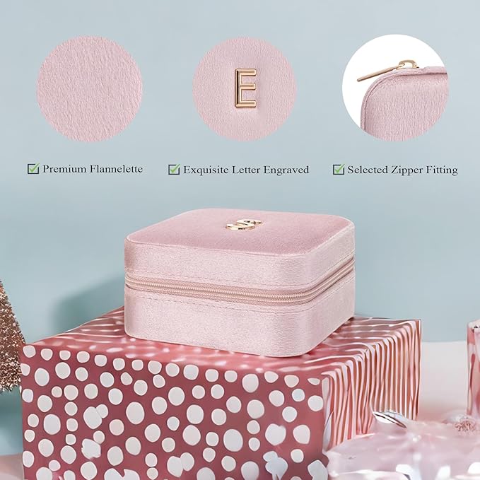 Vlando Small Travel Jewelry Box Organizer Display Case for Rings Earrings Necklaces Storage, Selected Soft Velvet, Letter E Engraved, Pink