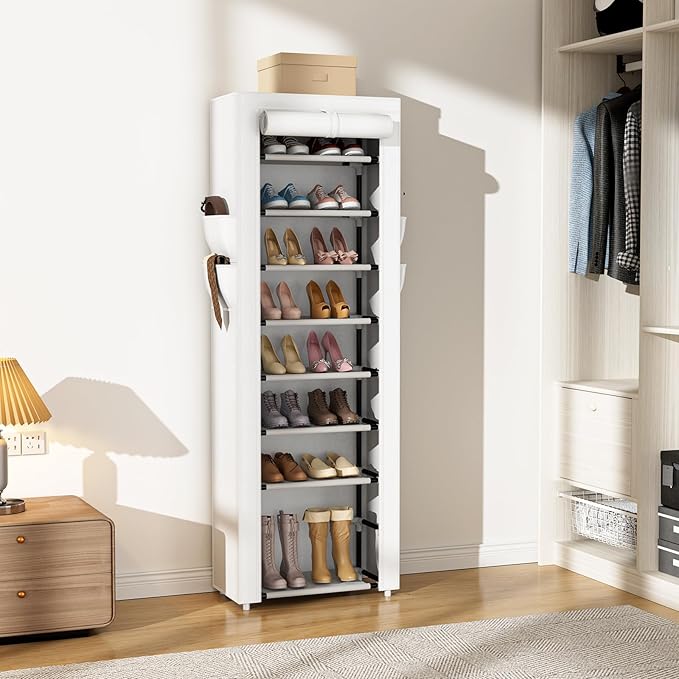 VILICK Shoe Rack with Cover Narrow Shoe Rack Organizer with 4 Side Pockets 10 Tier Tall Shoe Storage Shoe Shelf Holds 18-22 Pairs Shoes and Boots Shoe Rack for Closet, White