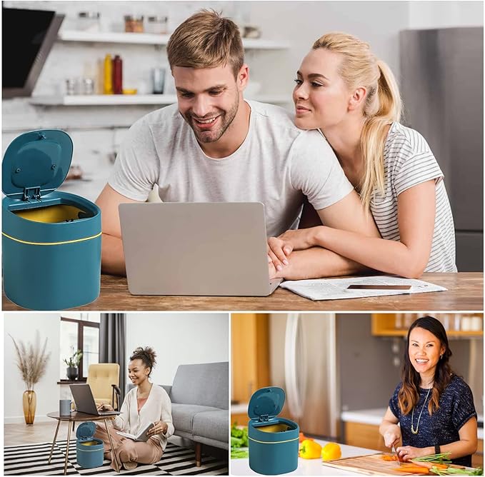 LTWQLing Plastic Mini Trash Can with Lid - 2 L Pop Up Wastebasket for Bathroom Vanity, Desktop, Tabletop or Coffee Table - Dispose of Cotton Rounds, Makeup Sponges, Tissues (Grey)