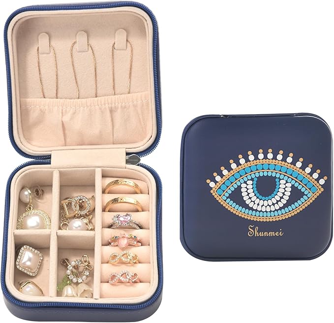 shunmei Mini Travel Jewelry Box,PU Leather Portable Jewelry Organizer Case,Art Accessories Storage Holder Boxes for Earring, Necklace, Rings, Bracelets (Blue Eyes)