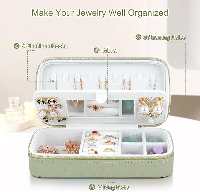 DesignSter Travel Jewelry Case, Woven Embossed PU Leather Jewelry Organizer with Mirror, Small Portable Jewelry Box for Women Rings Necklaces Bracelets Earrings