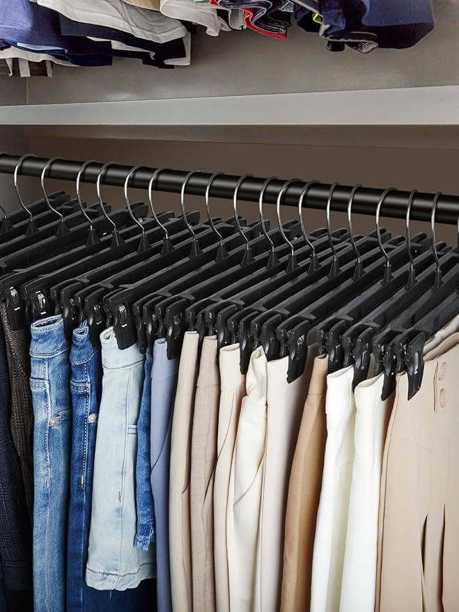 Smartor Space Saving Skirt Hangers - 150 Pack, Slim Plastic Pants and Shorts Hangers, Ridged Non-Slip with Pinch Clips, Black Clip Hanger for Women, 360-Rotating Chrome Swivel Hook, 12 Inches