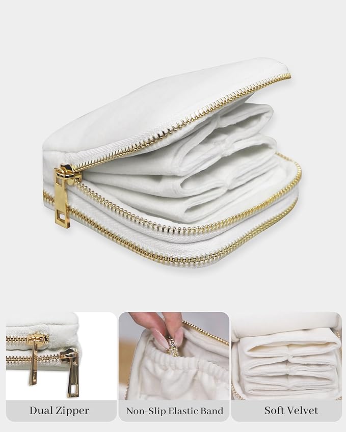 Stratalife Travel Jewelry Case Organizer 2-Layer Compact Storage Bag for Rings Earrings Necklace Bracelet Portable Velvet Jewelry Pouch with Zippers Travel Essential Gift for Women Cream White