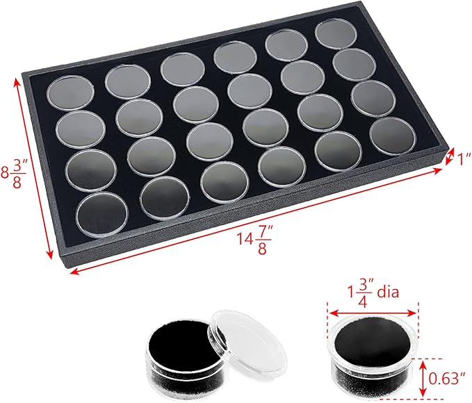 Ikee Design 24 Gem Showcase Stackable Jewelry Display Tray for Collectibles, Rock Storage Box Gemstones Bead Storage Jars, Black Foam, Black Tray, 14 7/8W x 8 3/8D x 1H in