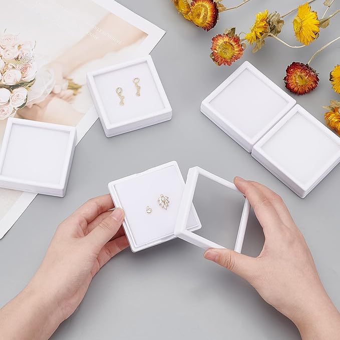 BENECREAT 6Pcs White Gemstone Display Box with Sponge Cushion Gift Boxes Clear Window Box for Jewelry, Diamond Gift Packing（2.8"x2.8"x0.8"）