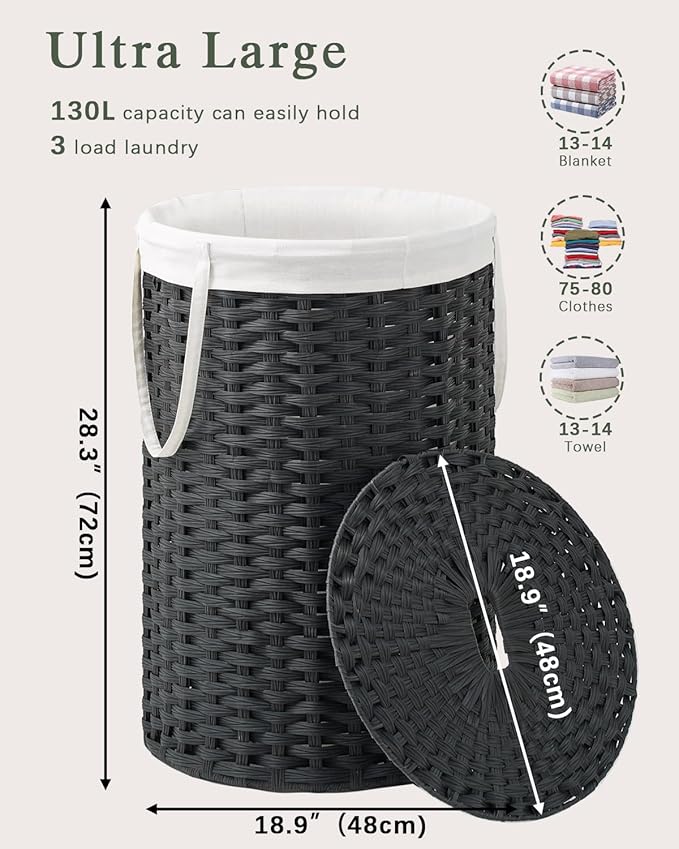 SETVSON Large Laundry Hamper Laundry Basket Round 34.3 Gal (130 L) Handwoven Wicker Laundry Baskets Rattan Laundry Basket with Laundry Bag Handles 2 Mesh Bags for Living Room Bedroom Black