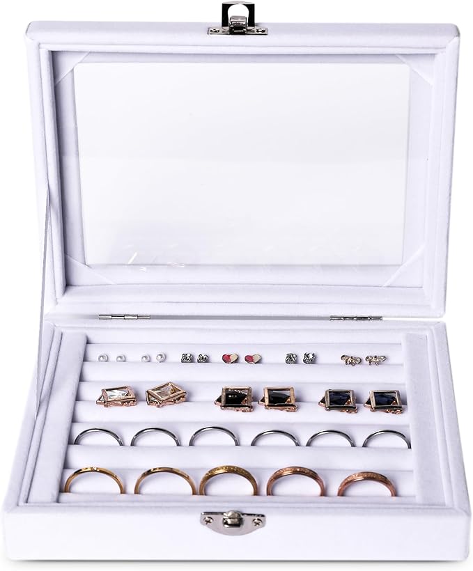 Frebeauty Rings/Earring Organizer Tray with Clear Lid,7 Slots Ring Box Velvet Ring Holder Drawer Insert Jewelry Storage Box Jewelry Display Case Jewelry Box Gift for Women and Girls(7 Slots,White)