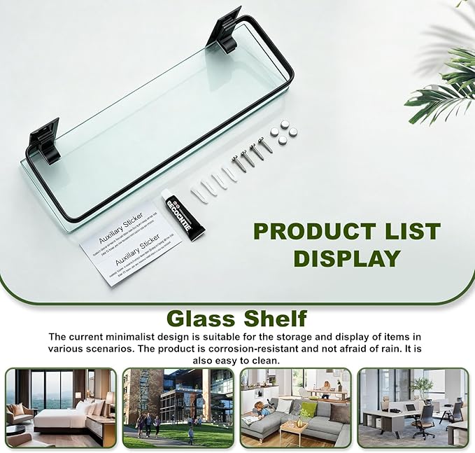AIJALY 2 Pack Bathroom Glass Shelf, 15.7 Inches Black Bathroom Shower Glass Shelf Wall-Mounted, Metal Storage Floating Kitchen Shelf
