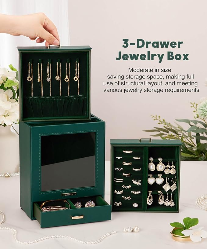 Homde Mothers Day Gifts Jewelry Organizer Girls Women Jewelry Box for Necklaces Rings Earrings Gift Bracelets Storage Case (Forest Green + Gold)