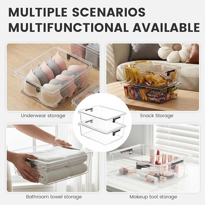 Bra Drawer Organizer for Women - 2 PCS Clear Plastic Storage Box with Lid and Dividers for Socks, Underwear, Bras, Ties, and Closet Organization