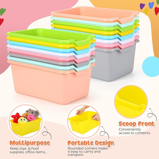 Dandat 16 Pcs Plastic Book Bins for Classroom Library Cubby Bins Scoop Front Stackable Toy Storage Tubs Containers for School Office Home Nursery Playroom Organization(Candy Color)