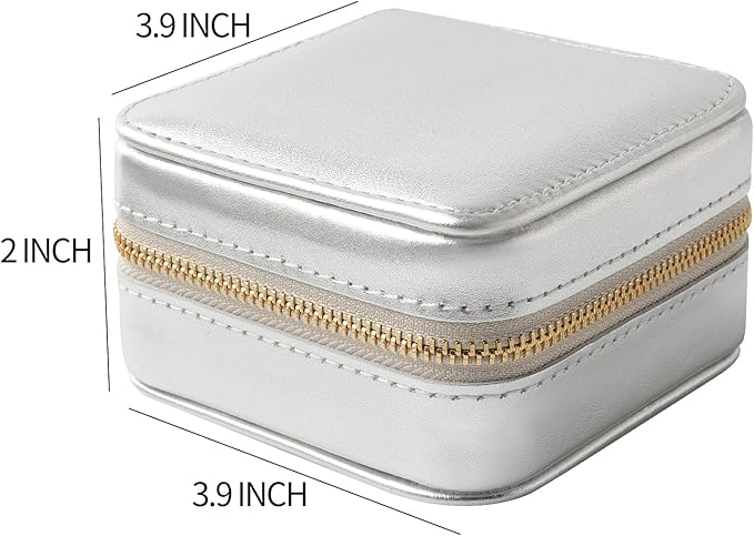 Genuine Leather Travel Jewelry Case Organizer with Mirror for Women, Small Jewelry Box Portable Mini Jewelry Case for Earring, Ring, Necklace, Bracelet(Silver)