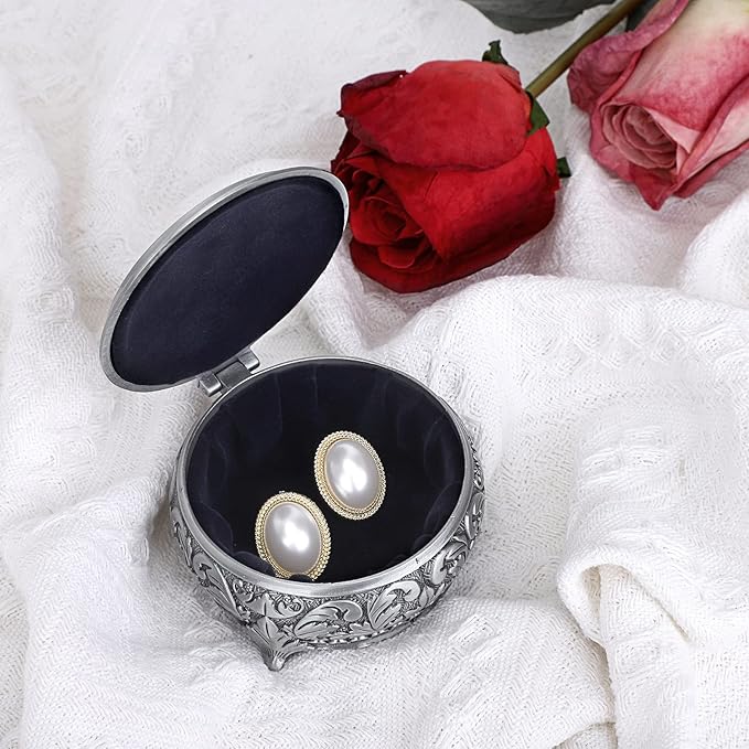 Hipiwe Metal Jewelry Box Vintage Ring Holder Trinket Organizer Small Round Earring Necklace Storage Box Jewelry Display Box Keepsake Box Decorative Jewelry Box Gift for Women